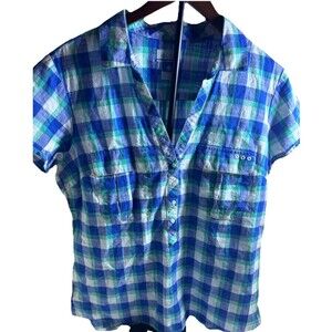 Columbia Plaid Button Up Women Large Blue Green Excellent Short Sleeve Hiking